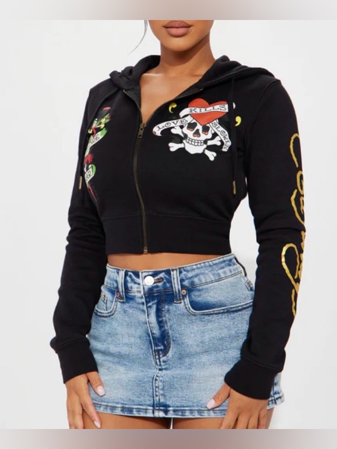 Ed Hardy Full Zip Cropped Skull Hoodie, Black, Women’s Medium